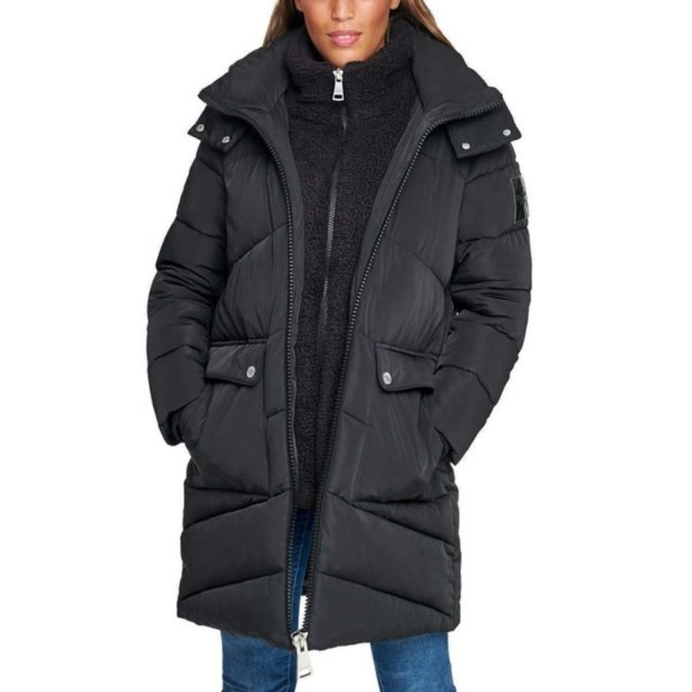 Calvin Klein Women's Winter Puffer Full zip Removable Hood Coat Jacket- Black